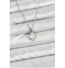 316L Çelik Zincir Gümüş Renk Sedefli Yonca Kadın Kolye - TJ-BKO10766