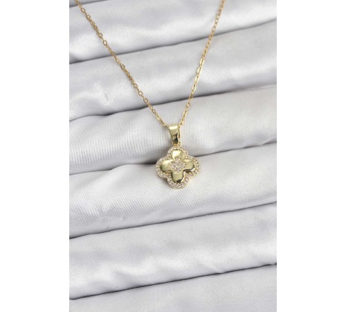 316L Çelik Zincir Gold Renk Zirkon Taşlı Yonca Model Kadın Kolye - TJ-BKO10767