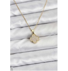 316L Çelik Zincir Gold Renk Zirkon Taşlı Yonca Model Kadın Kolye - TJ-BKO10771