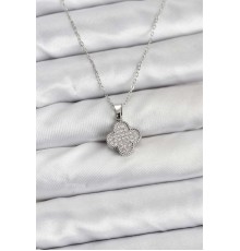 316L Çelik Zincir Gümüş Renk Zirkon Taşlı Yonca Model Kadın Kolye - TJ-BKO10772