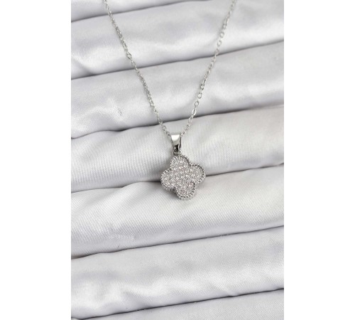 316L Çelik Zincir Gümüş Renk Zirkon Taşlı Yonca Model Kadın Kolye - TJ-BKO10772