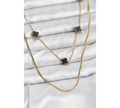 316L Çelik Zincir Gold Renk İtalyan Zincirli Siyah Yonca Model Kadın Kolye - TJ-BKO10782