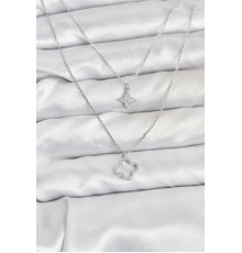 Pirinç Gümüş Renk Yonca Model 2'li Kadın Kolye - TJ-BKO10802