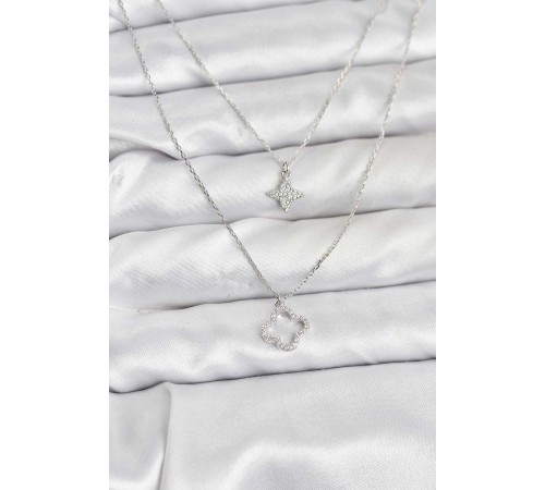 Pirinç Gümüş Renk Yonca Model 2'li Kadın Kolye - TJ-BKO10802