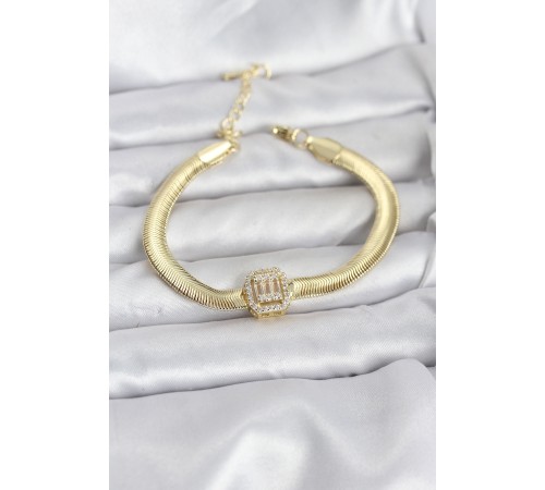316L Çelik Gold Renk Baget Zirkon Taşlı Yılan Zincirli Kadın Bileklik - TJ-BB8154