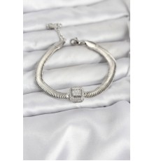 316L Çelik Gümüş Renk Baget Zirkon Taşlı Yılan Zincirli Kadın Bileklik - TJ-BB8155