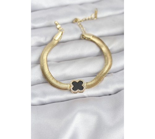 316L Çelik Gold Renk Siyah Yonca Model Zirkon Taşlı Yılan Zincirli Kadın Bileklik - TJ-BB8156