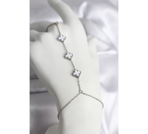 316L Çelik Gümüş Renk Beyaz Yonca Model Kadın Şahmeran - TJ-SN735