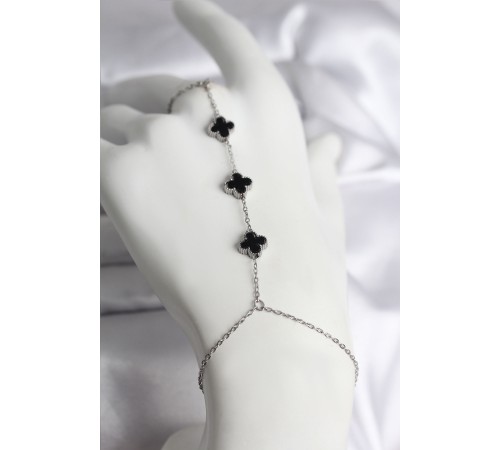 316L Çelik Gümüş Renk Siyah Yonca Model Kadın Şahmeran - TJ-SN737