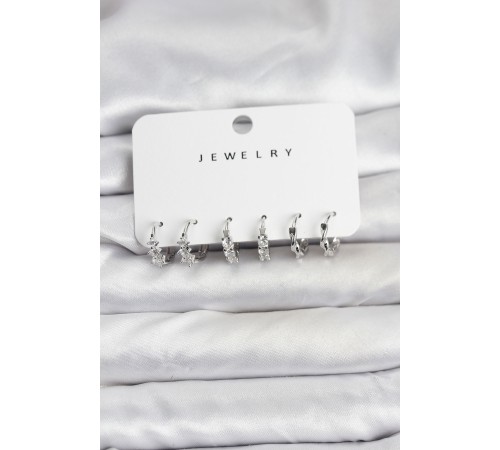 Pirinç Gümüş Renk Zirkon Taşlı Kadın Küpe Seti - TJ-BKP11478