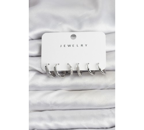 Zirkon Taşlı Gümüş Renk Pirinç Kadın Küpe Seti - TJ-BKP11480