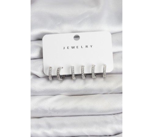 Gümüş Renk Pirinç Zirkon Taşlı Halka Kadın Küpe Seti - TJ-BKP11486