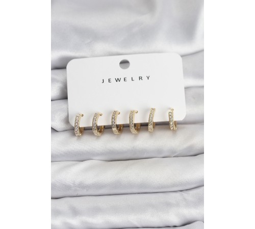 Gold Renk Pirinç Zirkon Taşlı Halka Kadın Küpe Seti - TJ-BKP11487