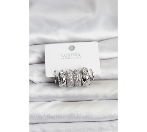 Zirkon Taşlı Pirinç Gümüş Renk Halka Kadın Küpe Seti - TJ-BKP11488