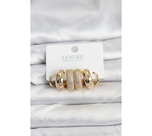 Zirkon Taşlı Pirinç Gold Renk Halka Kadın Küpe Seti - TJ-BKP11489