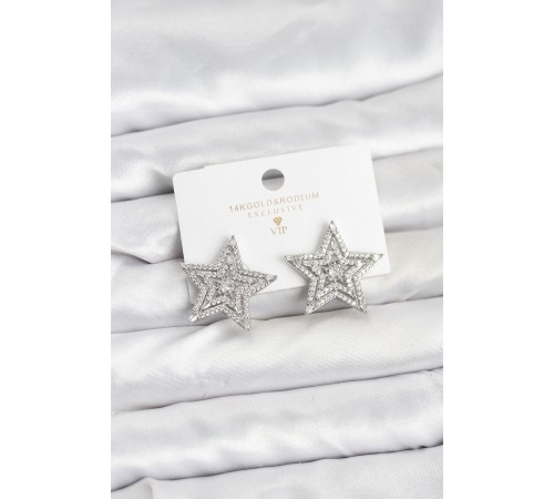 Gümüş Renk Pirinç Zirkon Taşlı Yıldız Model Kadın Küpe - TJ-BKP11513