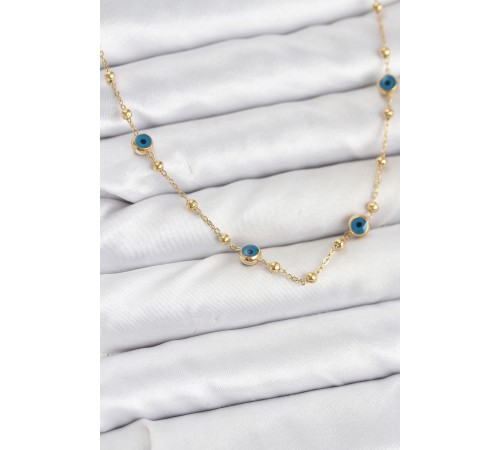 316L Çelik Gold Renk Nazarlı ve Topçuklu Model Kadın Kolye - TJ-BKO10814