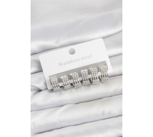 316L Çelik Zirkon Taşlı Gümüş Renk Halka Küpe Seti - TJ-BKP11519