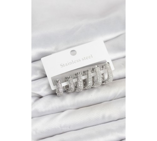 316L Çelik Gümüş Renk Zirkon Taşlı Damla Halka Küpe Seti - TJ-BKP11525