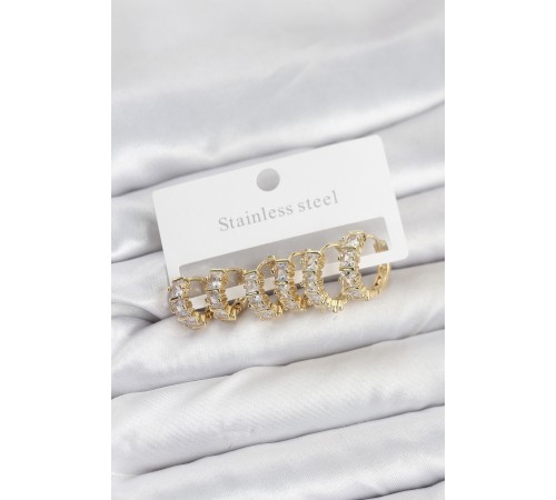 316L Çelik Gold Renk Baget Zirkon Taşlı Halka Küpe Seti - TJ-BKP11528