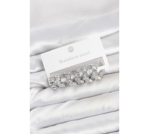 316L Çelik Gümüş Renk Baget Zirkon Taşlı Halka Küpe Seti - TJ-BKP11529