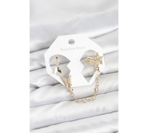 Pirinç Gold Renk Model Zincir Bağlantılı Ear Cuff Küpe Seti - TJ-BKP11534
