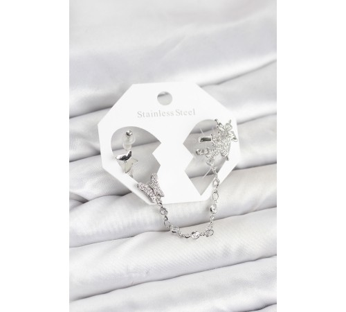 Pirinç Gümüş Renk Model Zincir Bağlantılı Ear Cuff Küpe Seti - TJ-BKP11535