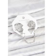 Pirinç Gümüş Renk Yıldız Model Zincir Bağlantılı Ear Cuff Küpe Seti - TJ-BKP11539
