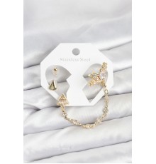 Pirinç Gold Renk Yıldızlı Model Zincir Bağlantılı Ear Cuff Küpe Seti - TJ-BKP11540