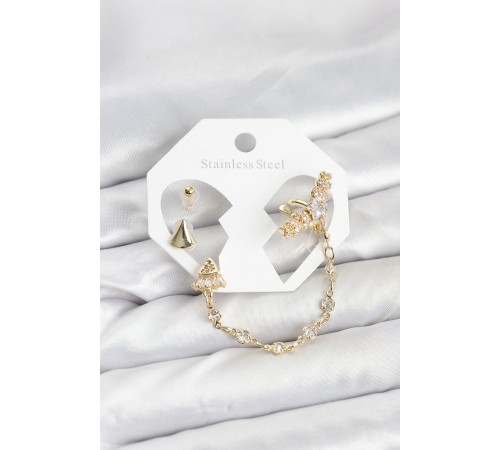 Pirinç Gold Renk Yıldızlı Model Zincir Bağlantılı Ear Cuff Küpe Seti - TJ-BKP11540