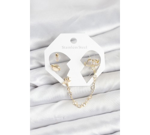 Pirinç Gold Renk Uzay Model Zincir Bağlantılı Ear Cuff Küpe Seti - TJ-BKP11542