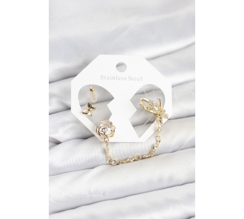 Pirinç Gold Renk Kelebekli Model Zincir Bağlantılı Ear Cuff Küpe Seti - TJ-BKP11543