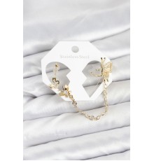 Kelebekli Model Pirinç Gold Renk Zincir Bağlantılı Ear Cuff Küpe Seti - TJ-BKP11544