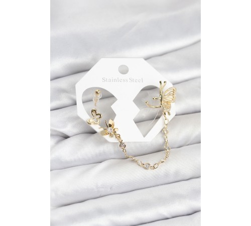 Kelebekli Model Pirinç Gold Renk Zincir Bağlantılı Ear Cuff Küpe Seti - TJ-BKP11544
