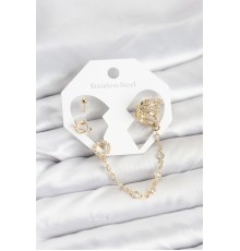 Uzay Model Pirinç Gold Renk Zincir Bağlantılı Ear Cuff Küpe Seti - TJ-BKP11546