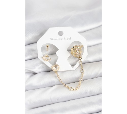 Uzay Model Pirinç Gold Renk Zincir Bağlantılı Ear Cuff Küpe Seti - TJ-BKP11546