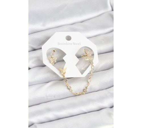 Model Pirinç Gold Renk Zincir Bağlantılı Ear Cuff Küpe Seti - TJ-BKP11548