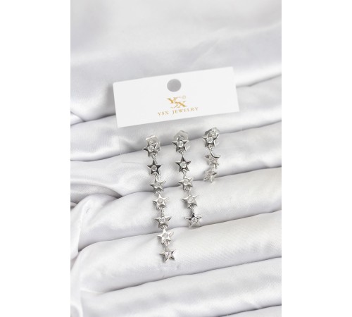 Pirinç Gümüş Renk Yıldız Model YSX Trio Küpe Seti - TJ-BKP11555