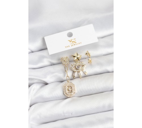 Pirinç Gold Renk Göz ve Kutup Yıldızı Model YSX Trio Küpe Seti - TJ-BKP11556