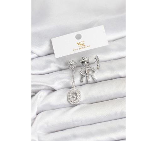 Pirinç Gümüş Renk Göz ve Kutup Yıldızı Model YSX Trio Küpe Seti - TJ-BKP11557