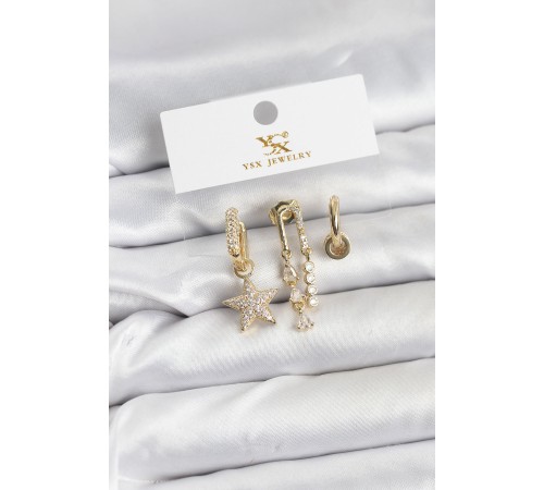 Pirinç Gold Renk Zirkon Taşlı Yıldız Vintage Model YSX Trio Küpe Seti - TJ-BKP11562