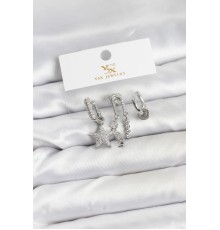 Pirinç Gümüş Renk Zirkon Taşlı Yıldız Vintage Model YSX Trio Küpe Seti - TJ-BKP11563