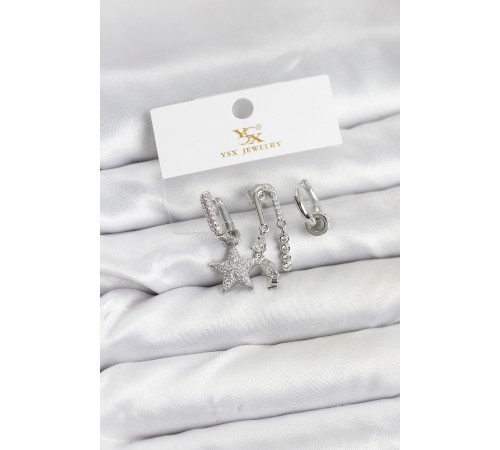 Pirinç Gümüş Renk Zirkon Taşlı Yıldız Vintage Model YSX Trio Küpe Seti - TJ-BKP11563