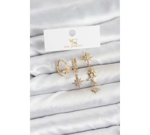 Pirinç Gold Renk Zirkon Taşlı Kutup Yıldızı Model YSX Trio Küpe Seti - TJ-BKP11564