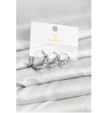 Pirinç Gümüş Renk Zirkon Taşlı Petek Halka Model YSX Trio Küpe Seti - TJ-BKP11567