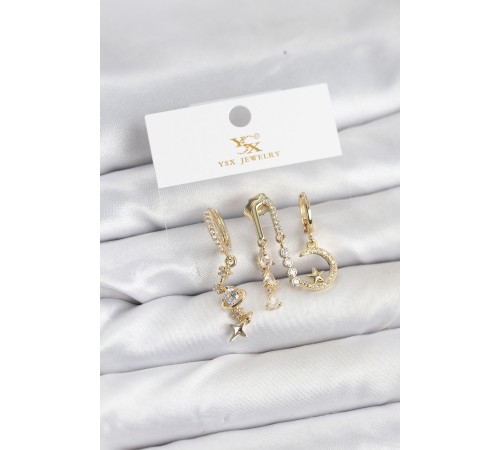 Pirinç Gold Renk Zirkon Taşlı Uzay Model YSX Trio Küpe Seti - TJ-BKP11568