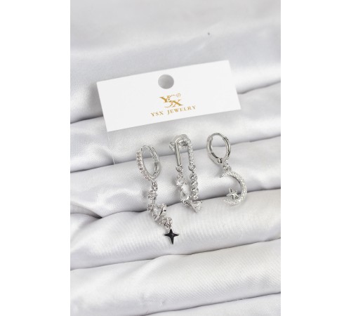 Pirinç Gümüş Renk Zirkon Taşlı Uzay Model YSX Trio Küpe Seti - TJ-BKP11569