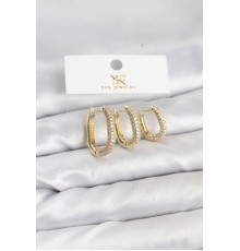 Pirinç Gold Renk Zirkon Taşlı Halka Model YSX Trio Küpe Seti - TJ-BKP11570