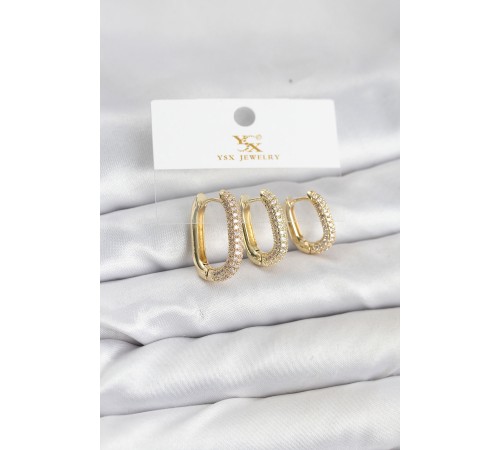 Pirinç Gold Renk Zirkon Taşlı Halka Model YSX Trio Küpe Seti - TJ-BKP11570