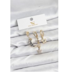 Pirinç Gold Renk Zirkon Taşlı Ay ve Yıldız Model YSX Trio Küpe Seti - TJ-BKP11574